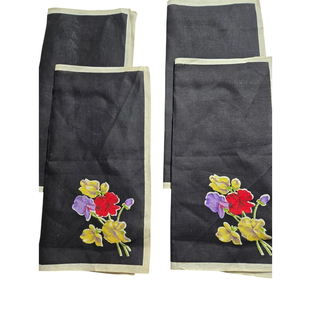 VINTAGE Cloth Napkin Set of 4 Black Floral Print LINEN MCM 15
